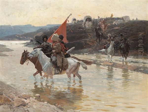 Tscherkessen Beim Queren Des Flusses Oil Painting by Franz Roubaud