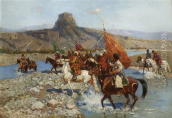 Tscherkessen Beim Uberqueren Eines Flusses Im Kaukasus Oil Painting by Franz Roubaud