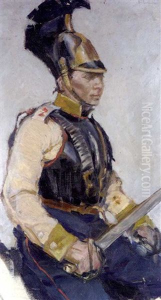 Study Of A Russian Cuirassier (+ Two Studies Of Cavalry Officers, 1805, Watercolor & Ink, Sgd., Insc.; 2 Works) Oil Painting by Franz Roubaud