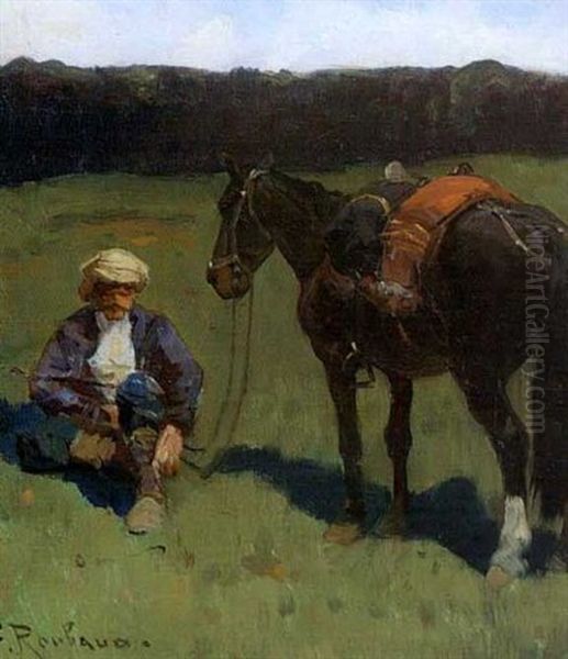 Tscherkesse Bei Der Rast Neben Seinem Pferd Oil Painting by Franz Roubaud