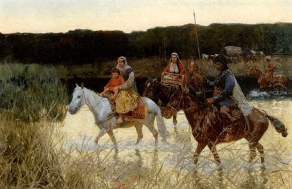 Reisende Tscherkessen Beim Uberqueren Eines Flusses Oil Painting by Franz Roubaud