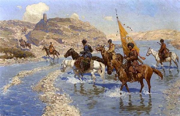 Tscherkessen Zu Pferd Beim Durchqueren Einer Furt Im Kaukasus Oil Painting by Franz Roubaud