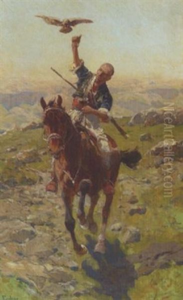 Reiter Bei Der Falkenjagd Im Kaukasus Oil Painting by Franz Roubaud