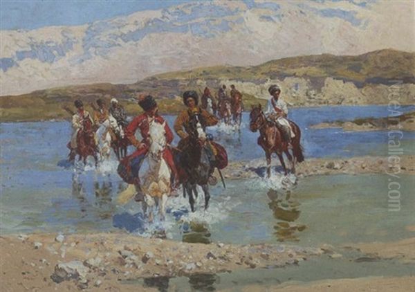 Tscherkessenreiter Beim Durchqueren Eines Flusses Im Kaukasus Oil Painting by Franz Roubaud