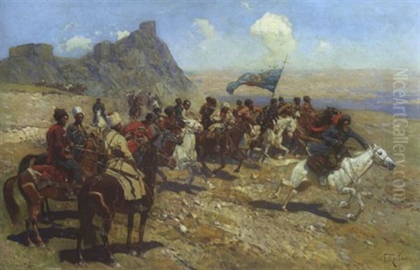 Tscherkessenreiter Im Aufbruch Zum Gefecht Oil Painting by Franz Roubaud