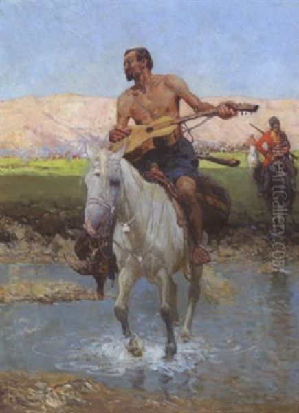 Reitender Tscherkesse Mit Gitarre Und Erlegten Vogeln Oil Painting by Franz Roubaud