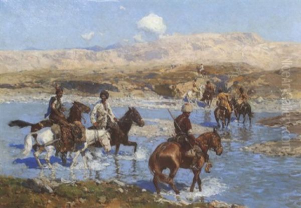 Tscherkessenreiter Beim Durchqueren Eines Flusses Im Kaukasus Oil Painting by Franz Roubaud