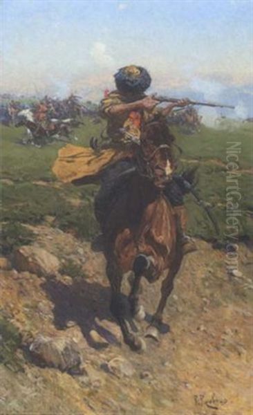 Tscherkesse Mit Angelegtem Gewehr Zu Pferd Oil Painting by Franz Roubaud