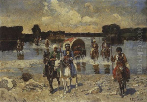 Tscherkessenreiter Mit Planwagen Bei Einer Flussuberquerung Oil Painting by Franz Roubaud