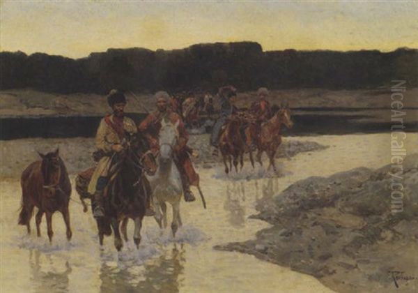 Tscherkessen Bei Der Uberquerung Eines Flusses Oil Painting by Franz Roubaud