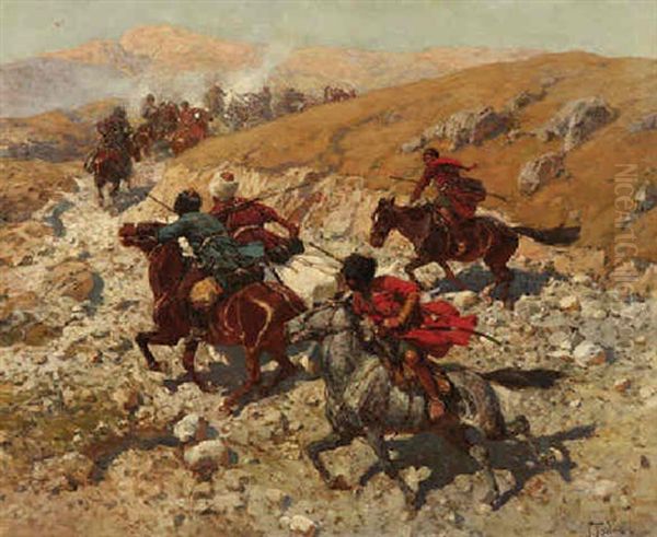 Uberfall Auf Einen Postwagen - Berittene Tscherkessen Verfolgen Einen Russischen Postwagen Oil Painting by Franz Roubaud