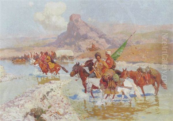 Im Kaukasus, Tscherkessen Uberqueren Mit Ihren Pferden Und Proviantwagen Einen Gebirgsflus Oil Painting by Franz Roubaud