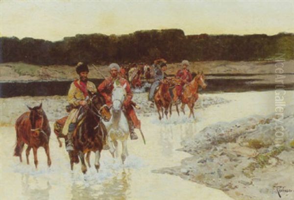 Tscherkessen Bei Der Uberquerung Eines Flusses Oil Painting by Franz Roubaud