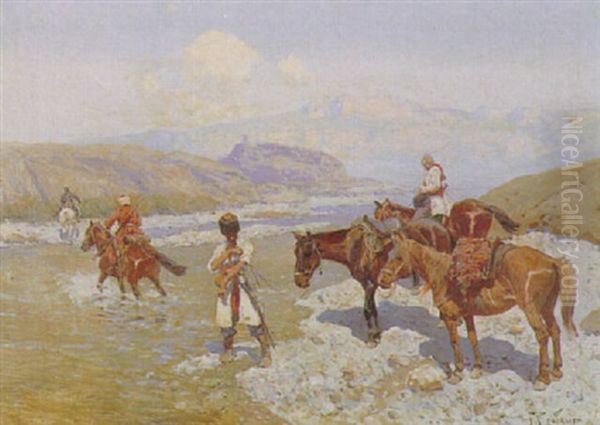 Tscherkessen Bei Einer Flussuberquerung Oil Painting by Franz Roubaud