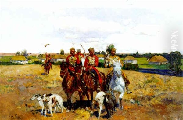 Kosaken Beim Ausritt Zur Falkenjagd Oil Painting by Franz Roubaud