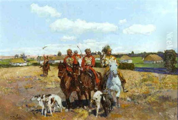 Tscherkessen Uberqueren Mit Ihren Pferden Ein Abgemahtes Kornfeld Oil Painting by Franz Roubaud