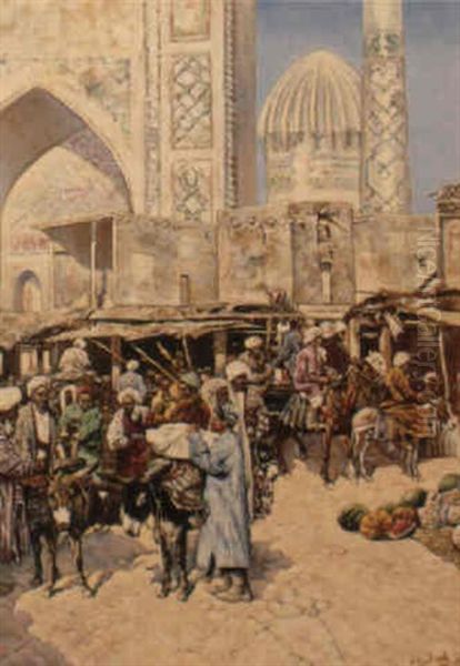 Samarkande: Devant Le Medressah Chir-dor Oil Painting by Franz Roubaud