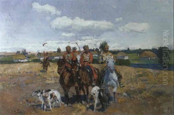 Tscherkessen, Ein Kaukasisches Reitervolk, Uberqueren Ein   Abgemahtes Kornfeld In Einer Weiten Ebene... Oil Painting by Franz Roubaud