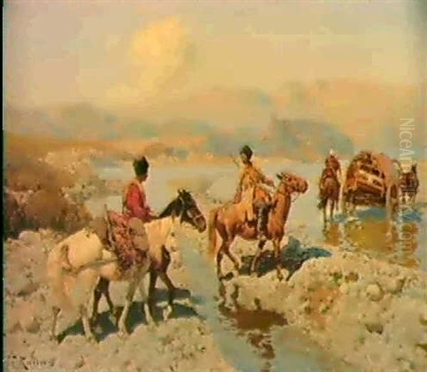 Tscherkessische Reiter Mit Leiterwagen Bei Der              Flussberquerung Oil Painting by Franz Roubaud