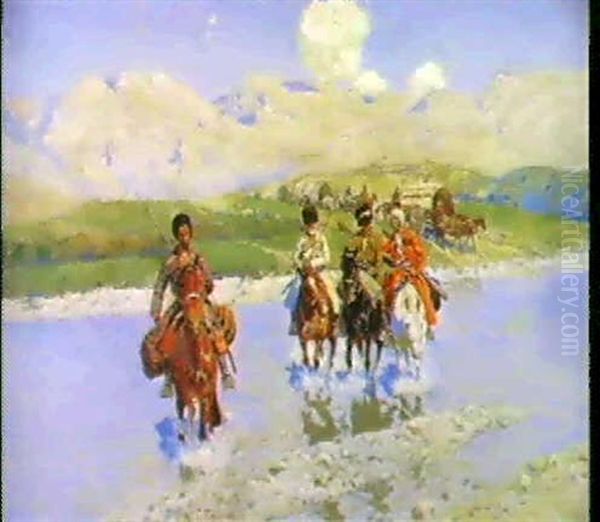 Tscherkessen Beim Durchqueren Einer Furt In Einem           Sommerlichen Gebirgstal Oil Painting by Franz Roubaud