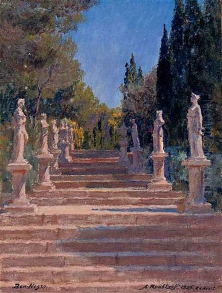 The Sculpture Garden At Ben-negro, Bizerte (+ The Pavilion At Ben-negro; 2 Works) Oil Painting by Alexandre Roubtzoff