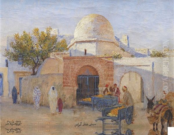 Marchands Aux Abords Du Mausolee Sidi Qadai-l'haouayej Oil Painting by Alexandre Roubtzoff