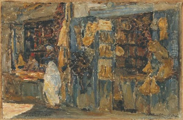 Echoppes Dans Le Souk El Belat A Tunis Oil Painting by Alexandre Roubtzoff