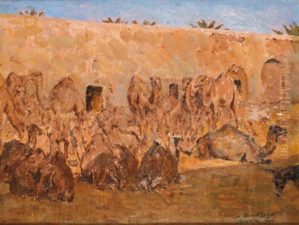 Halte De Dromadaires A Biskra Oil Painting by Alexandre Roubtzoff