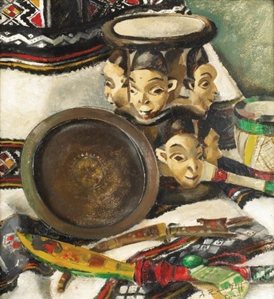 Nature Morte Aux Poignards, Plateau Et Masques Oil Painting by Alexandre Roubtzoff