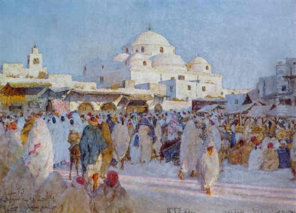 Place Bab-souika A Tunis Et La Mosquee Sidi Mahrez Oil Painting by Alexandre Roubtzoff