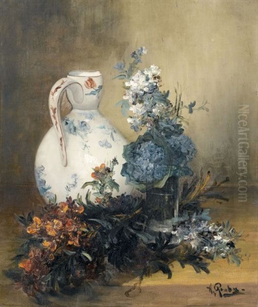 Blumenstillleben Mit Weissem Krug Oil Painting by Alfred Rouby