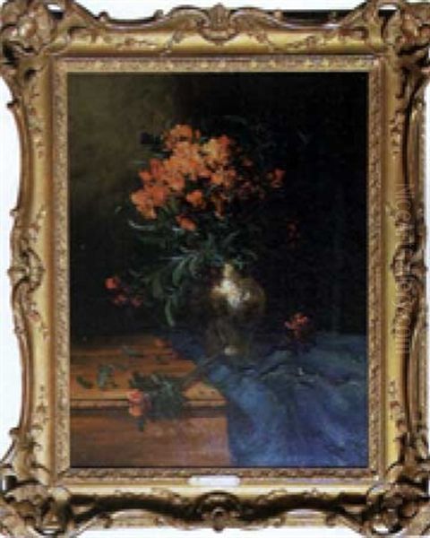 Bouquet De Giroflees Dans Un Vase Sur Un Entablement Oil Painting by Alfred Rouby