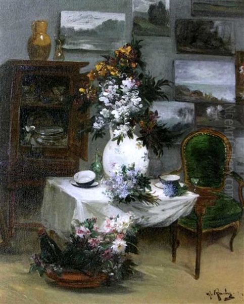 Vase De Fleurs Dans L'interieur Oil Painting by Alfred Rouby