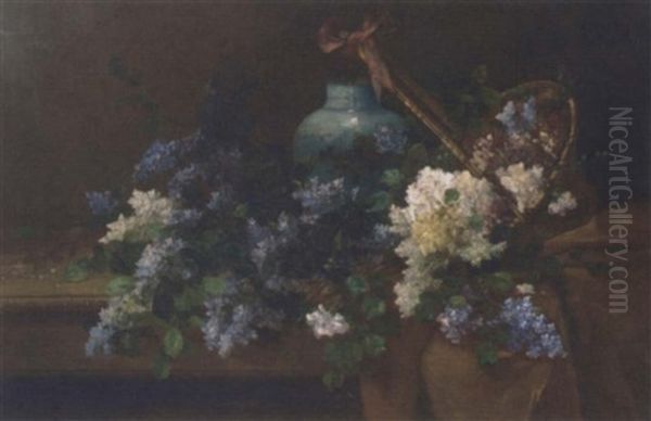 Carnations And Other Summer Flowers Overflowing From A Basket By A Vase On A Draped Table Oil Painting by Alfred Rouby