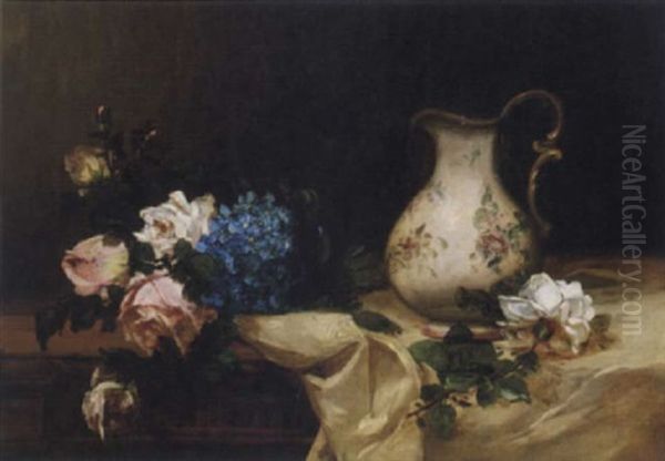 Stilleben Med Kanna, Syrener Och Rosor Oil Painting by Alfred Rouby