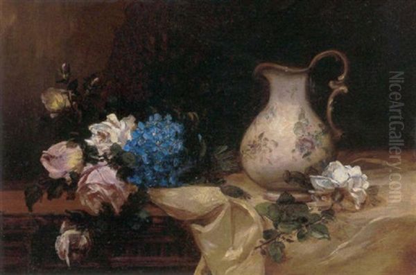 Stilleben Med Roser Og Kande Prydet Med Blomster Pa Et Bord Oil Painting by Alfred Rouby