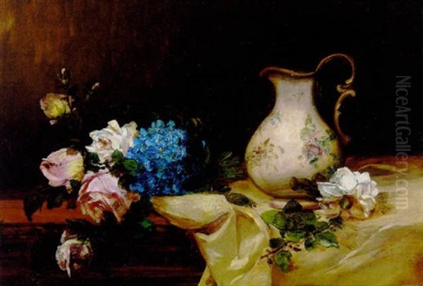 Stilleben Med Roser Og Kande Prydet Med Blomster Pa Et Bord Oil Painting by Alfred Rouby