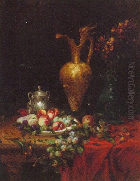 Brass And Silver Jugs Standing Next To An Overflowing Bowl Of Peaches, Plums And Apples On A Table Oil Painting by Alfred Rouby