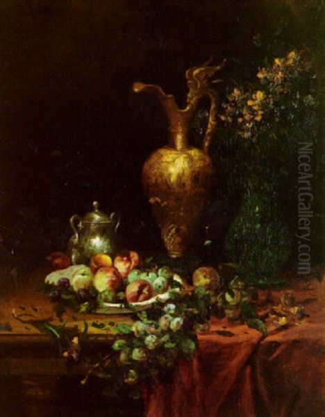 Peaches And Plums In A Bowl With Vases On A Draped Table Oil Painting by Alfred Rouby