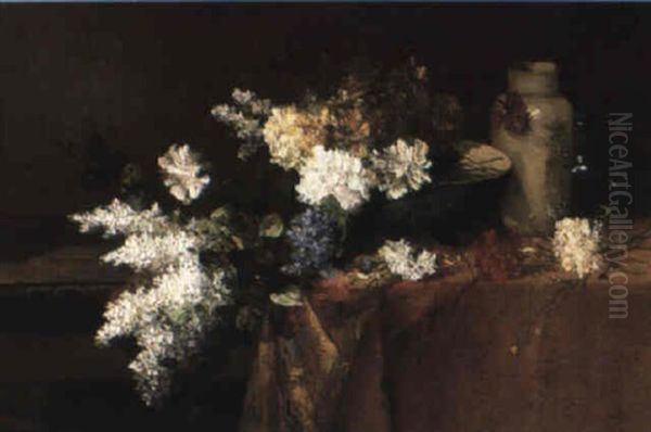 Lilacs, Carnations, A Glass Ewre And Vases On A Table Top Oil Painting by Alfred Rouby