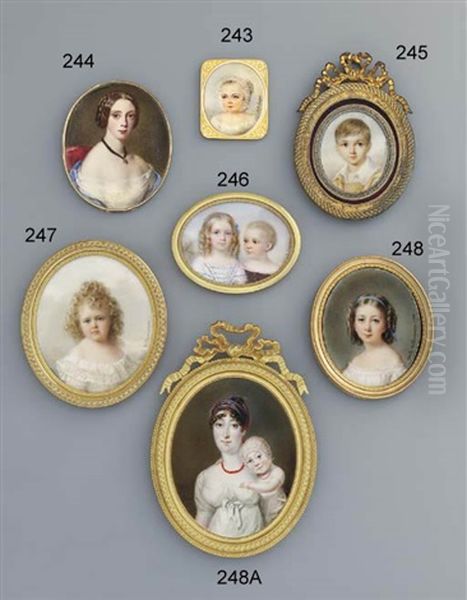 Auguste Des Cars, Later Duc Des Cars, In Burgundy Dress With Fair Hair, And Helene Des Cars, Later Madame Standish, In White Voile Dress With Blue Ribbon Trim, Hair In Ringlets With Blue Silk Ribbon Oil Painting by Marie Marguerite Francoise Rouchier