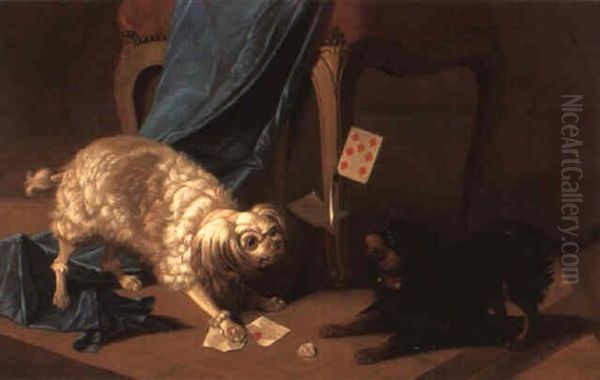 A White Poodle And A Blenheim Spaniel Fighting Over A Game Of Cards Oil Painting by Gabriel Rouette