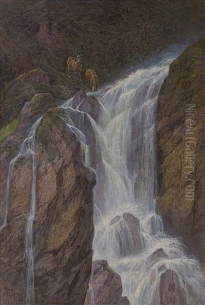 Chamois Et Cascade Oil Painting by Frederic Rouge