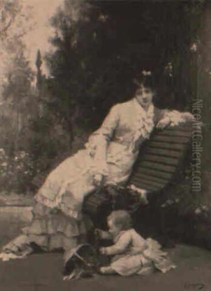 Woman On A Park Bench Oil Painting by Jules James Rougeron