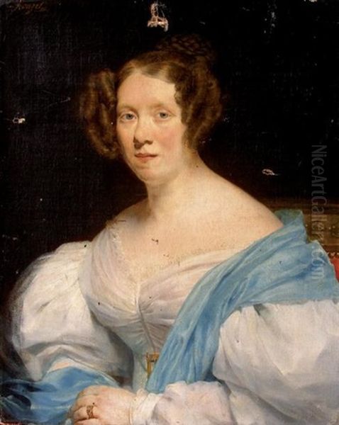 Portrait De Femme En Buste Dans Une Robe Blanche Et Etole Bleue Oil Painting by Georges Rouget