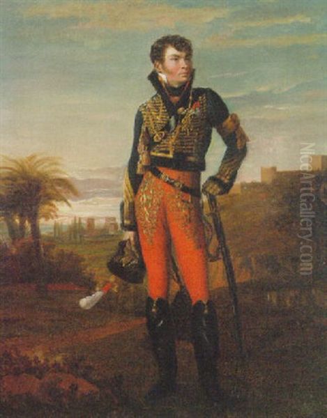 Portrait Of A French Hussar Of The Napoleonic Era Standing In An Egyptian Landscape Oil Painting by Georges Rouget