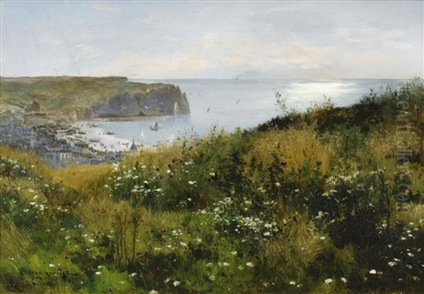 View Of Etretat Oil Painting by Gaston Marie Anatole Roullet