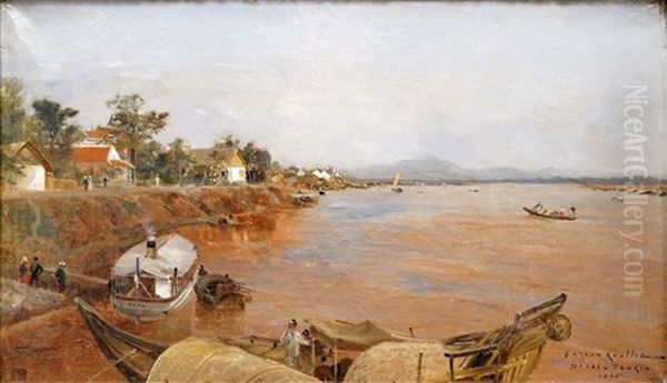 Le Fleuve Rouge A Hanoi, Tonkin Oil Painting by Gaston Marie Anatole Roullet