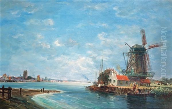 Molen Aan De Maas Bij Dordrecht / 'moulin Sur La Meuse, Dordrecht (hollande) Oil Painting by Gaston Marie Anatole Roullet