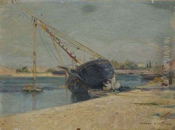 Bord De Seine, On Peint Son Bateau Oil Painting by Gaston Marie Anatole Roullet